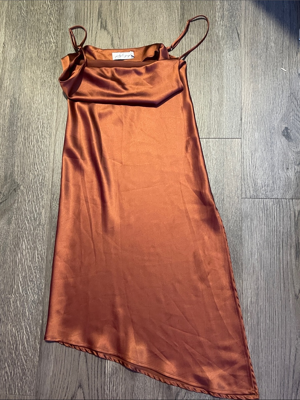 Petal & Pup Asymmetrical Satin Slip Dress in Rust